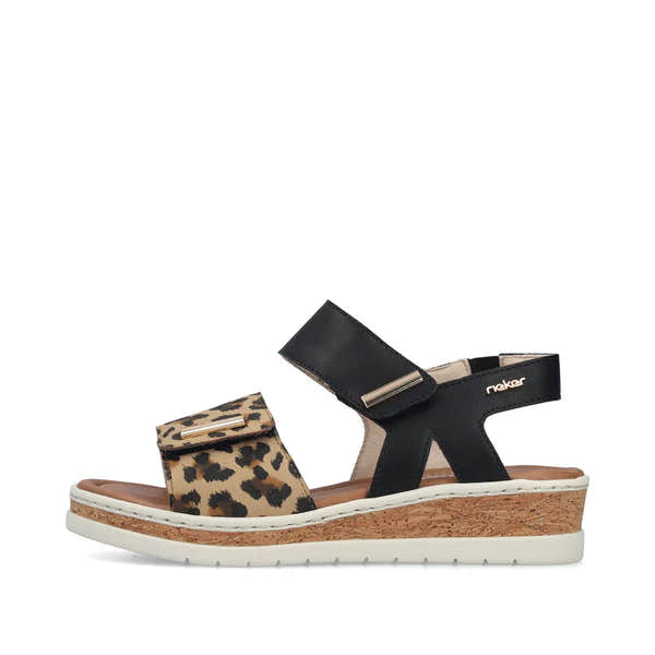 Rieker V4181-00 women's wide fit multi-touch fastening sandals with leopard print and cork wedge heel.