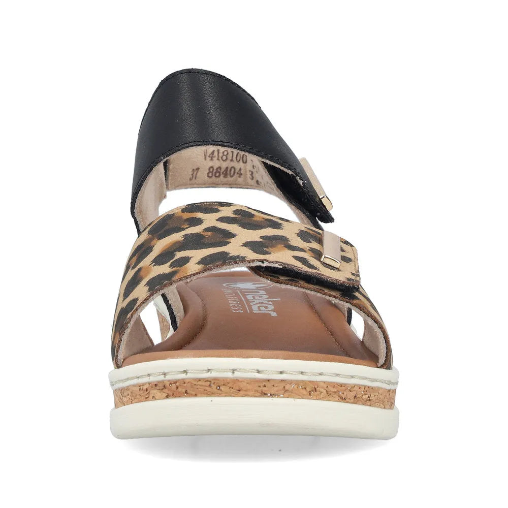 Rieker V4181-00 women's wide fit multi-touch fastening sandals with leopard print straps and black accents.