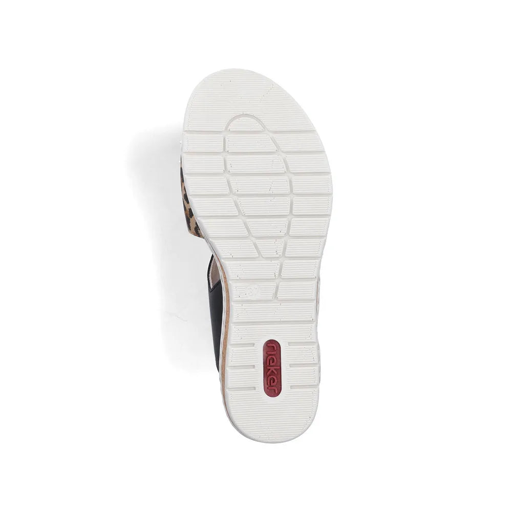 Rieker V4181-00 women's wide-fit multi-touch fastening sandals with white sole and animal print accents.