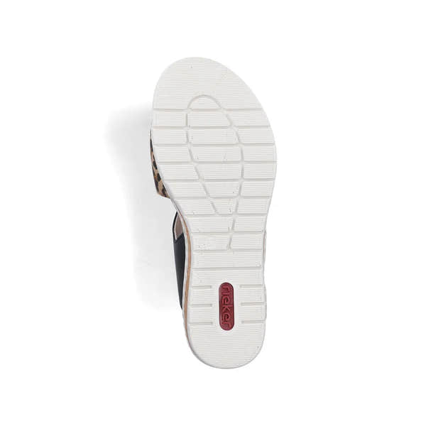 Rieker V4181-00 women's wide-fit multi-touch fastening sandals with white sole and animal print accents.