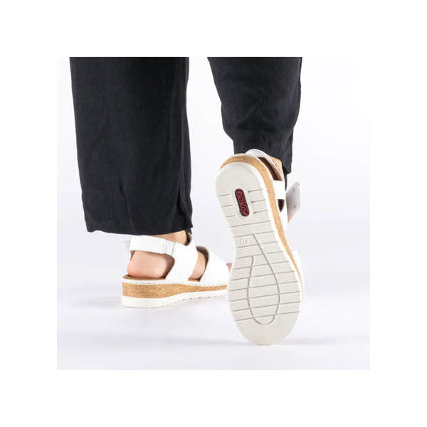 Rieker V4181-80 women's wide white touch fastening sandals with cork platform sole.