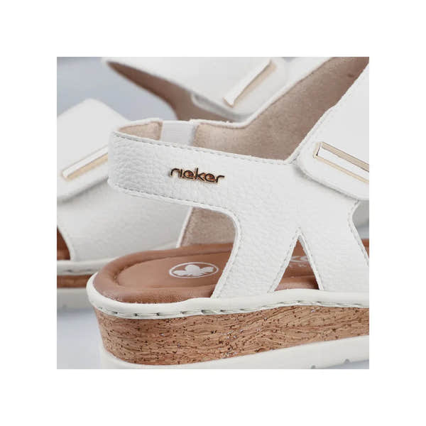 Rieker V4181-80 women's wide white touch fastening sandals with cushioned insole and cork wedge heel.