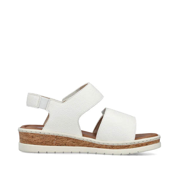 Rieker V4181-80 women's wide white touch fastening sandals with cork midsole and adjustable straps.