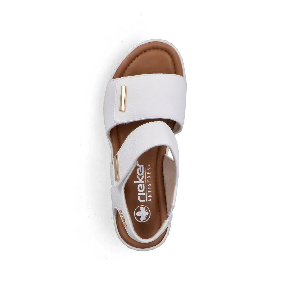 Rieker V4181-80 white wide ladies touch fastening sandals with orthopedic insole and gold accents.