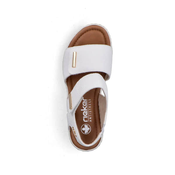Rieker V4181-80 white wide ladies touch fastening sandals with orthopedic insole and gold accents.
