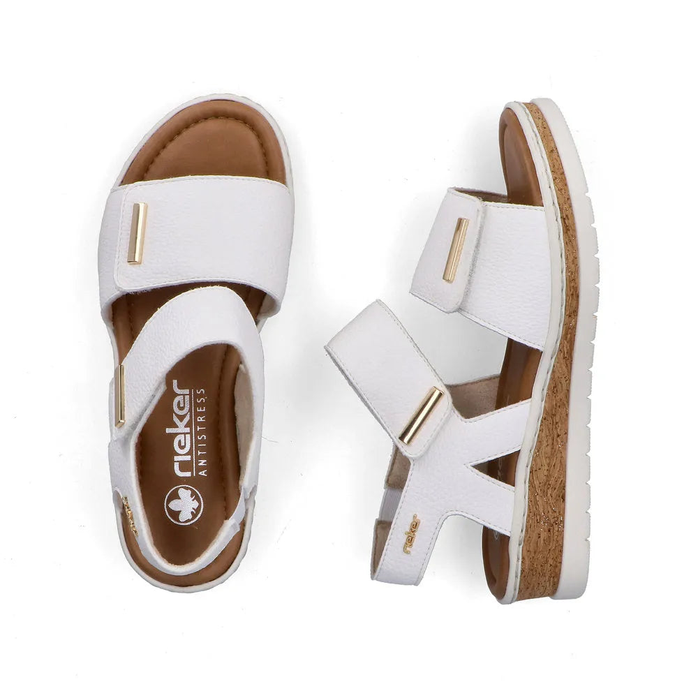 Rieker V4181-80 women's wide white touch fastening sandals with cushioned footbed and cork sole.