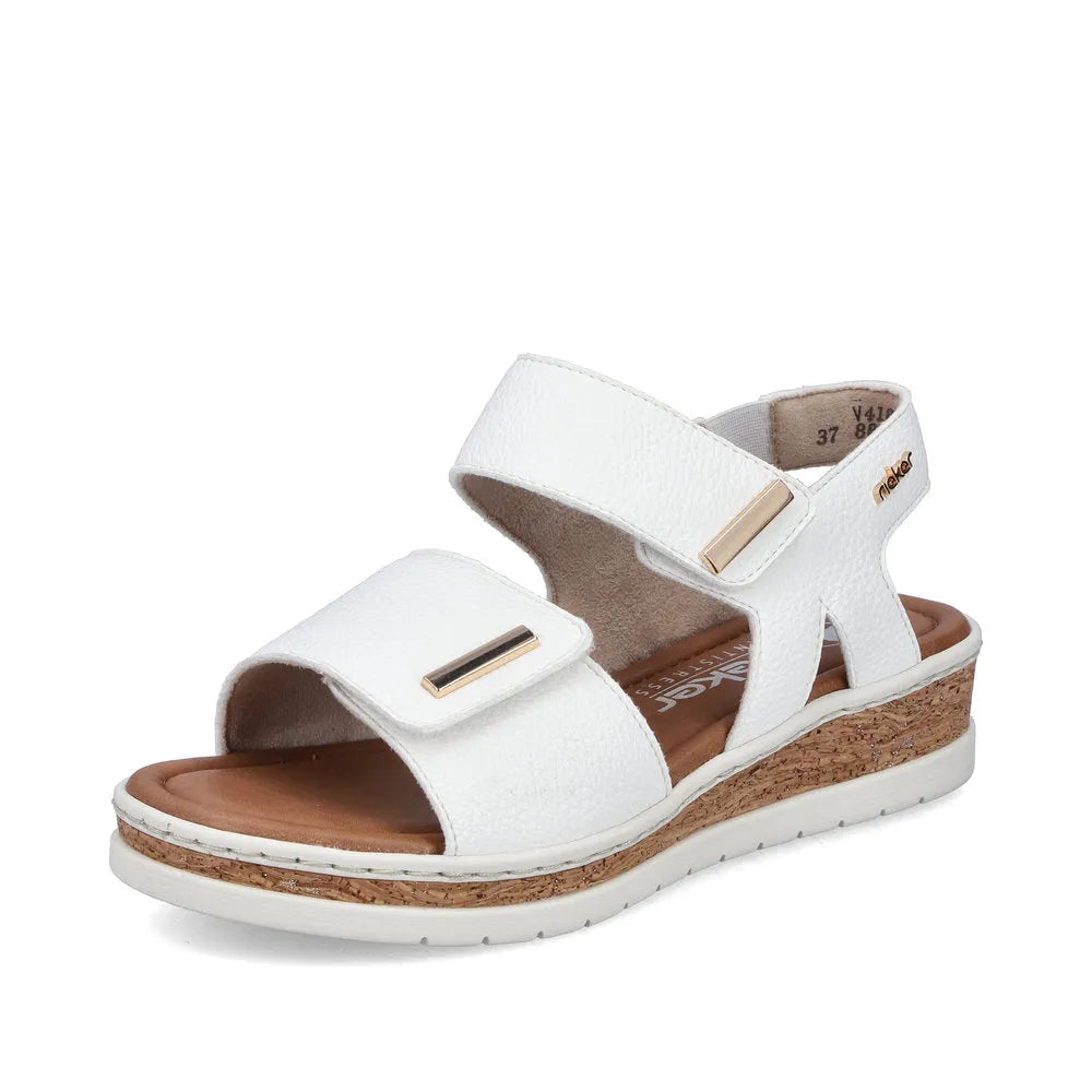 Rieker V4181-80 women’s white wide fit touch fastening sandal with cork sole and cushioned insole.