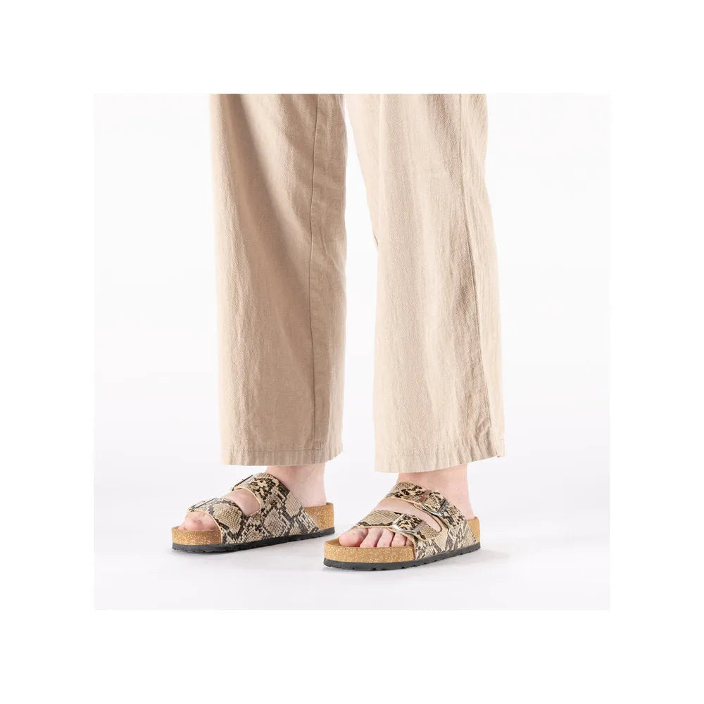 Rieker V6391-20 women's animal print buckle sandals with cork footbed and two adjustable straps.