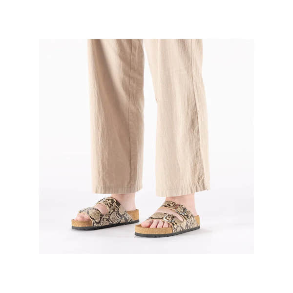 Rieker V6391-20 women's animal print buckle sandals with cork footbed and two adjustable straps.