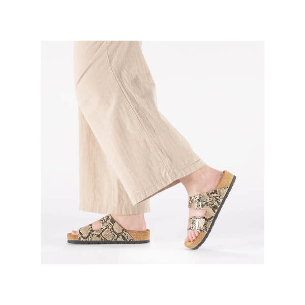 Rieker V6391-20 women's animal print buckle sandals with cork footbed and adjustable straps.