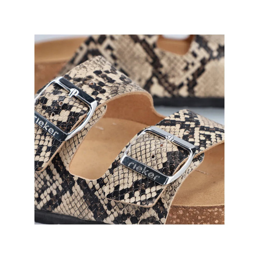 Rieker V6391-20 women's animal print buckle sandals with snakeskin pattern and adjustable straps.