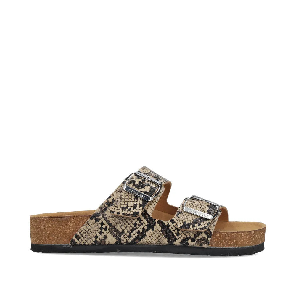 Rieker V6391-20 women's animal print buckle sandals with cork footbed and adjustable straps.