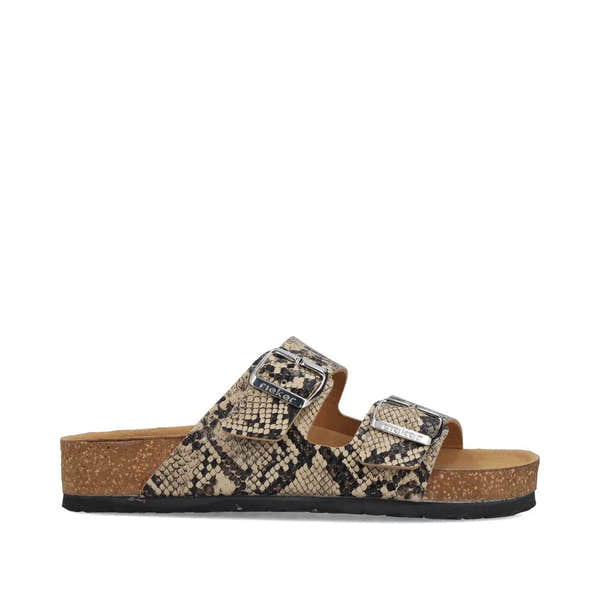 Rieker V6391-20 women's animal print buckle sandals with cork footbed and adjustable straps.