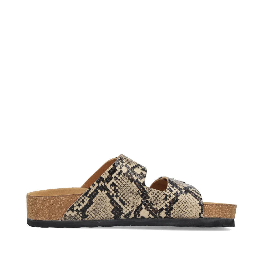 Rieker V6391-20 women's animal print buckle slide sandals with cork footbed and open toe design.