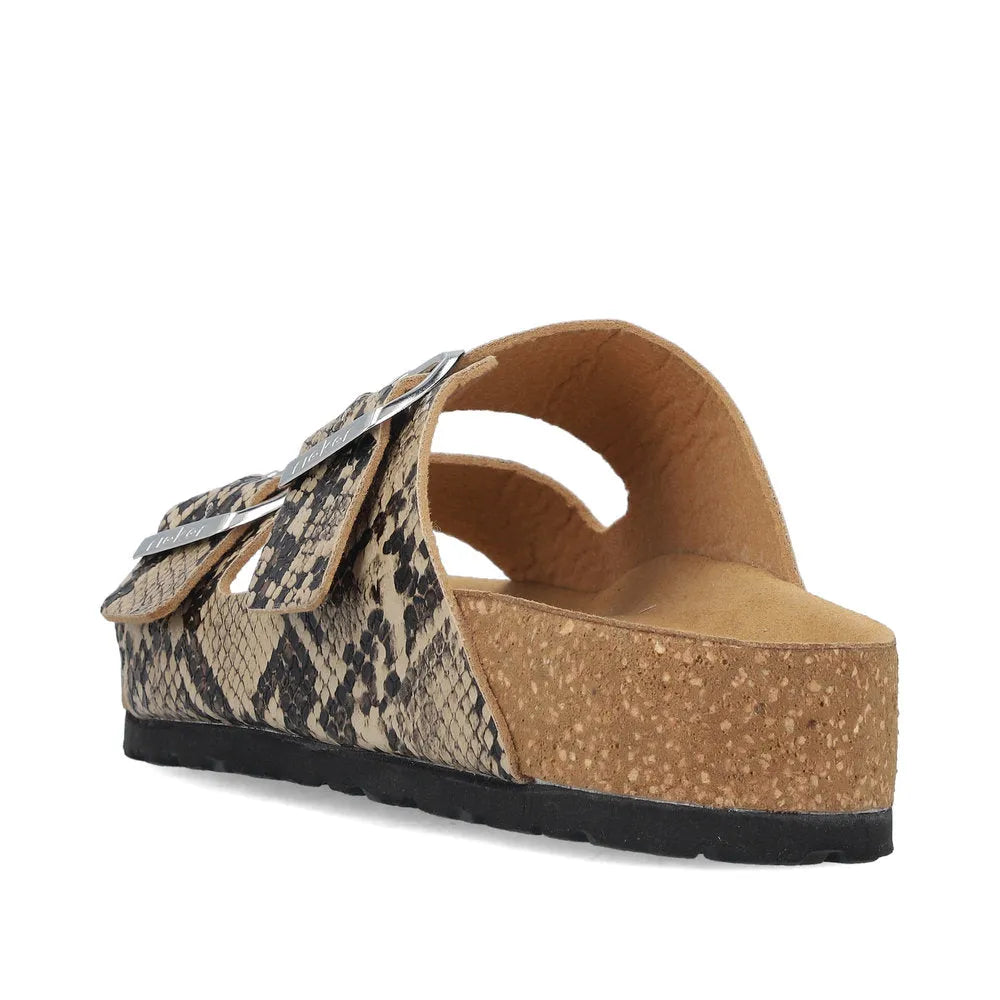Rieker V6391-20 women's animal print buckle sandals with cushioned cork sole and adjustable straps.