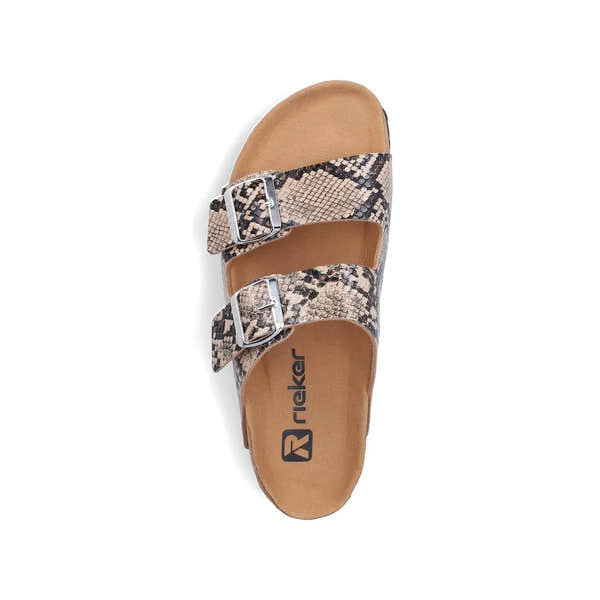 Rieker V6391-20 women's animal print buckle sandals with dual straps and metallic buckles, on a tan footbed.