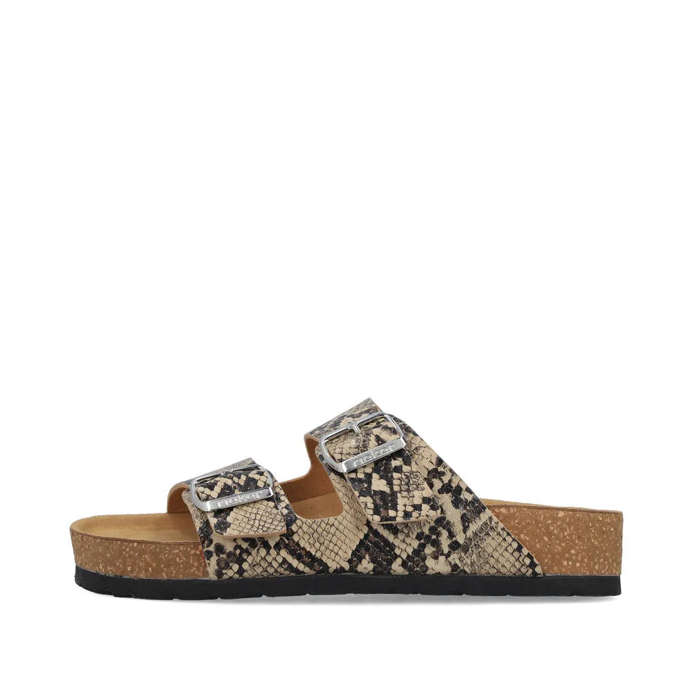 Rieker V6391-20 women's animal print slip-on sandals with adjustable buckle straps and cork footbed.