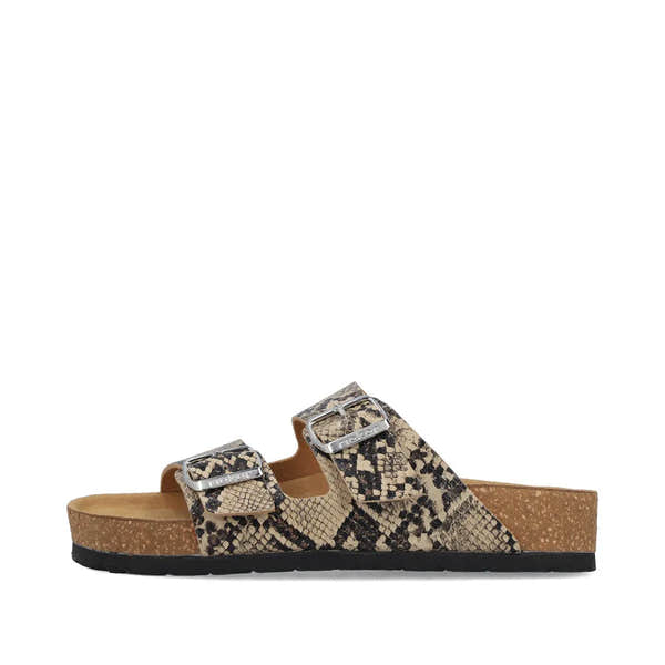 Rieker V6391-20 women's animal print slip-on sandals with adjustable buckle straps and cork footbed.