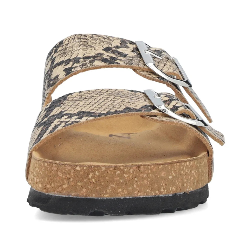 Rieker V6391-20 women's animal print buckle sandals with two straps, silver buckles, and cork footbed.