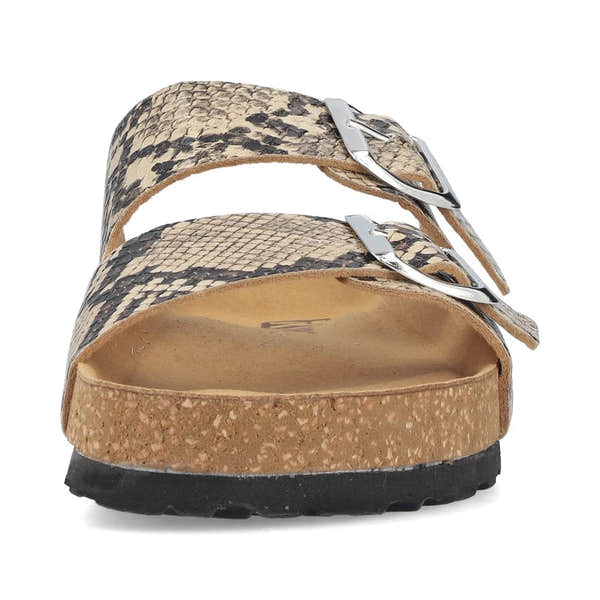 Rieker V6391-20 women's animal print buckle sandals with two straps, silver buckles, and cork footbed.