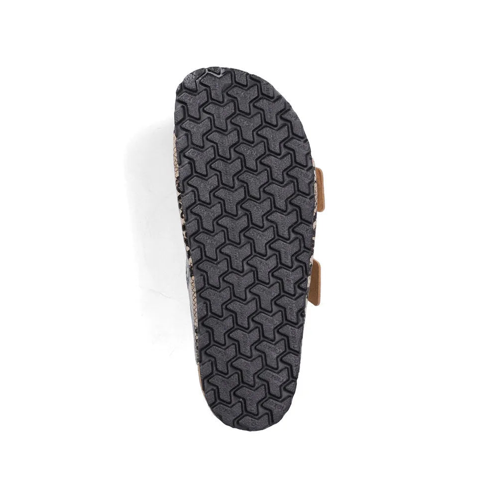 Rieker V6391-20 women's animal print buckle sandals with textured rubber sole and stylish design.