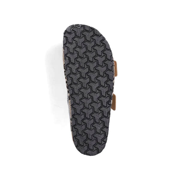 Rieker V6391-20 women's animal print buckle sandals with textured rubber sole and stylish design.