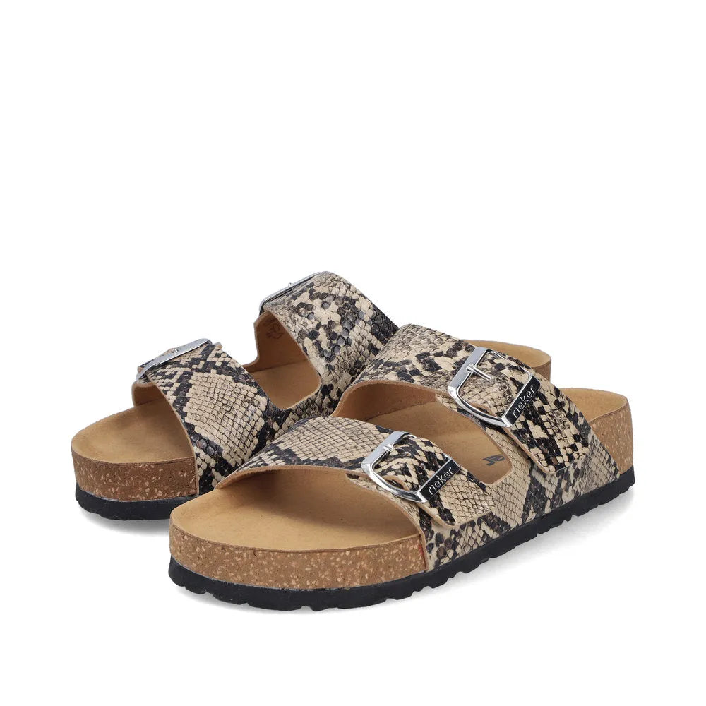 Rieker V6391-20 women's animal print slip-on sandals with adjustable buckle straps and corkfootbed.