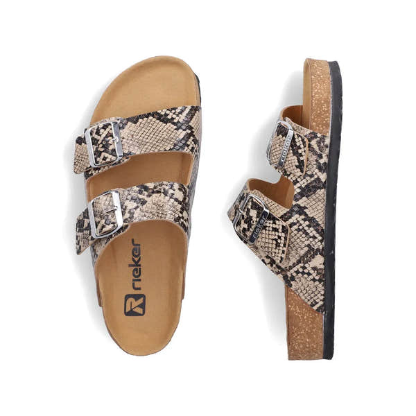 Rieker V6391-20 women's animal print buckle sandals with two straps and comfort sole.