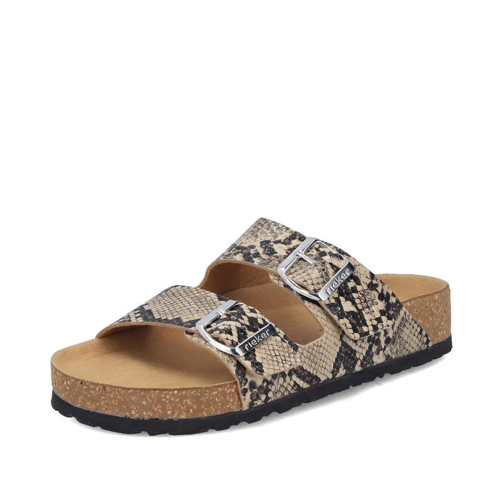 Rieker V6391-20 women's animal print buckle slide sandals with cushioned footbed and cork sole.