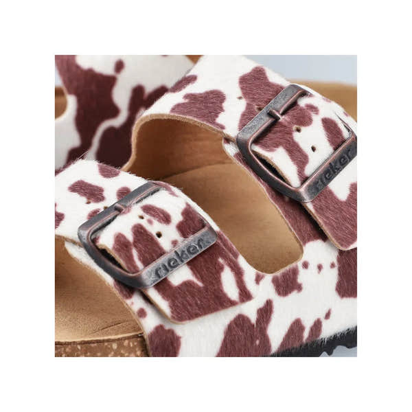 Rieker V6391-90 women's animal print buckle sandals with cowhide pattern and adjustable straps.