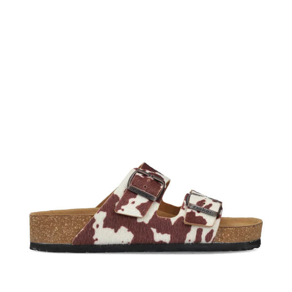 Rieker V6391-90 women's animal print buckle sandals with cork footbed and adjustable straps.