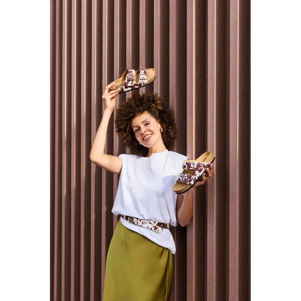 Rieker V6391-90 women's animal print buckle sandals, leopard pattern, casual slip-on sandals, open-toe design.