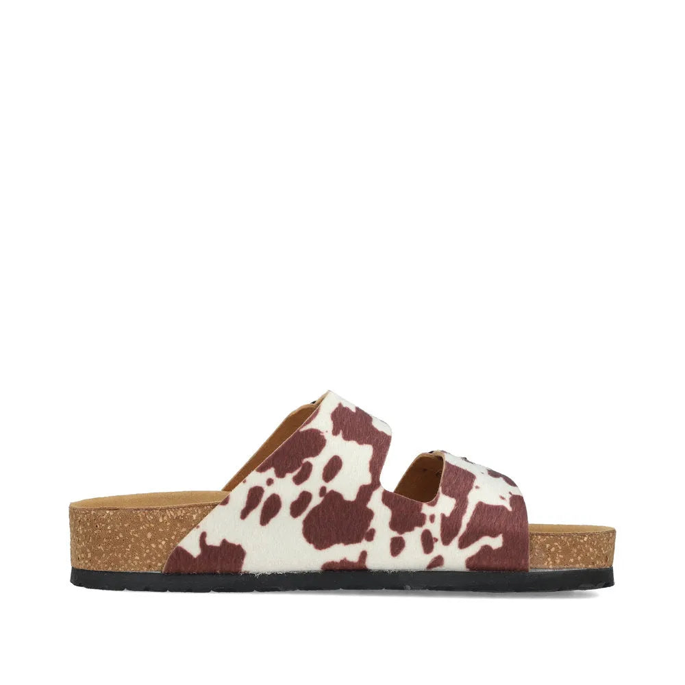 Rieker V6391-90 women's animal print buckle sandals with cork heel and slip-on design.