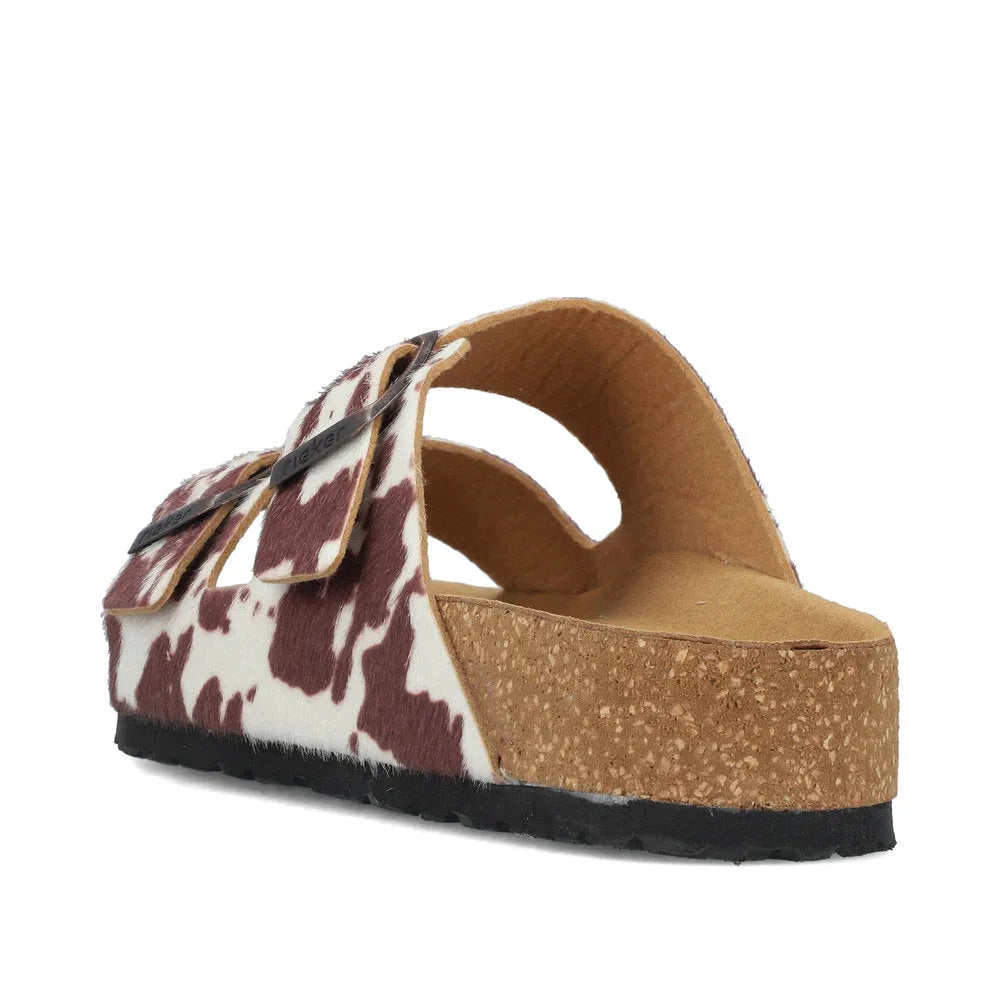 Rieker V6391-90 women's animal print buckle sandals with cork sole and adjustable straps.