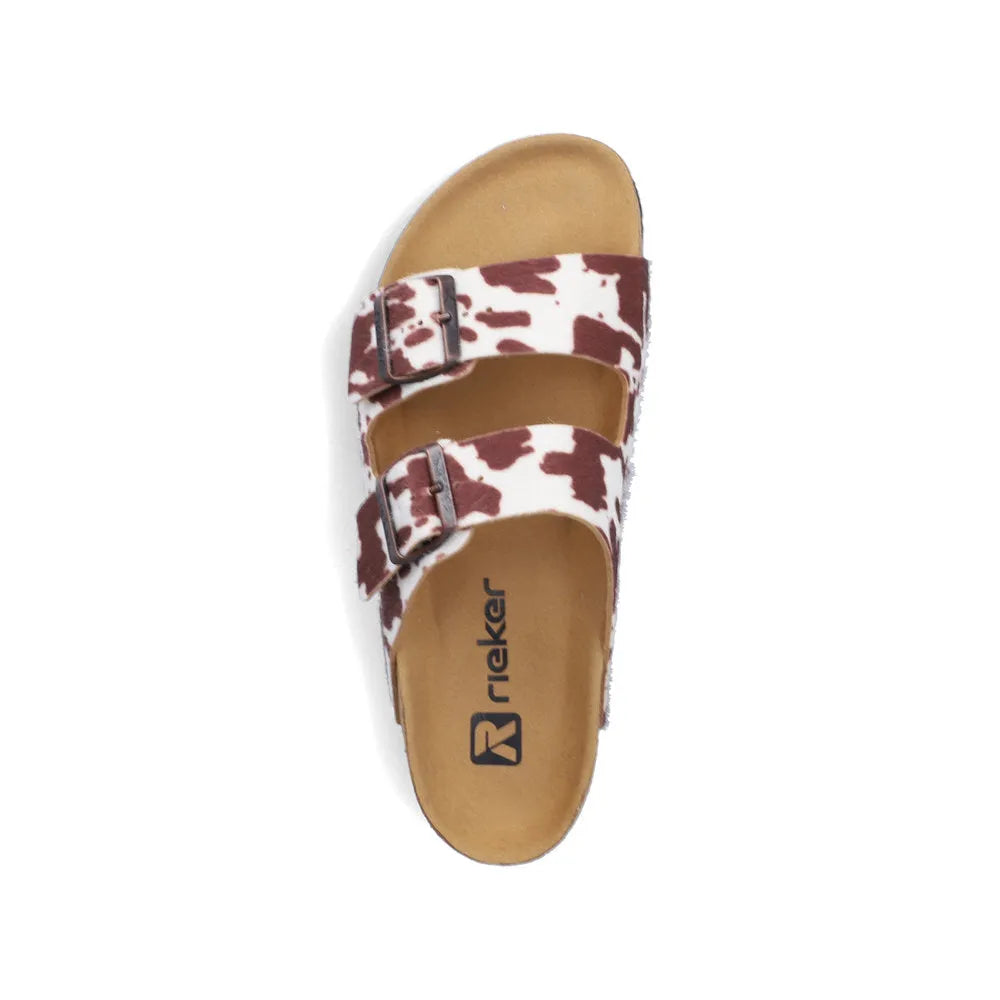 Rieker V6391-90 women's animal print buckle sandals with two adjustable straps and cushioned footbed.