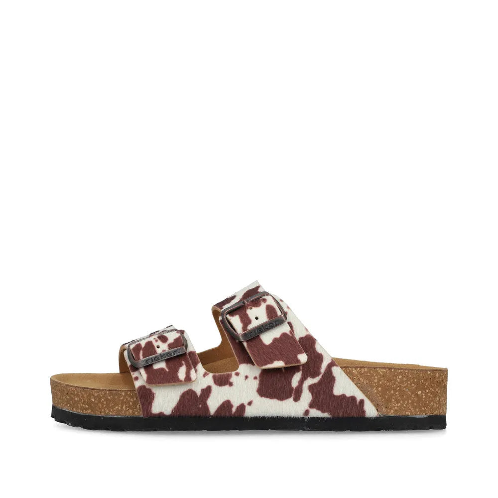 Rieker V6391-90 women's animal print buckle sandals with two adjustable straps, cork footbed, and slip-resistant sole.