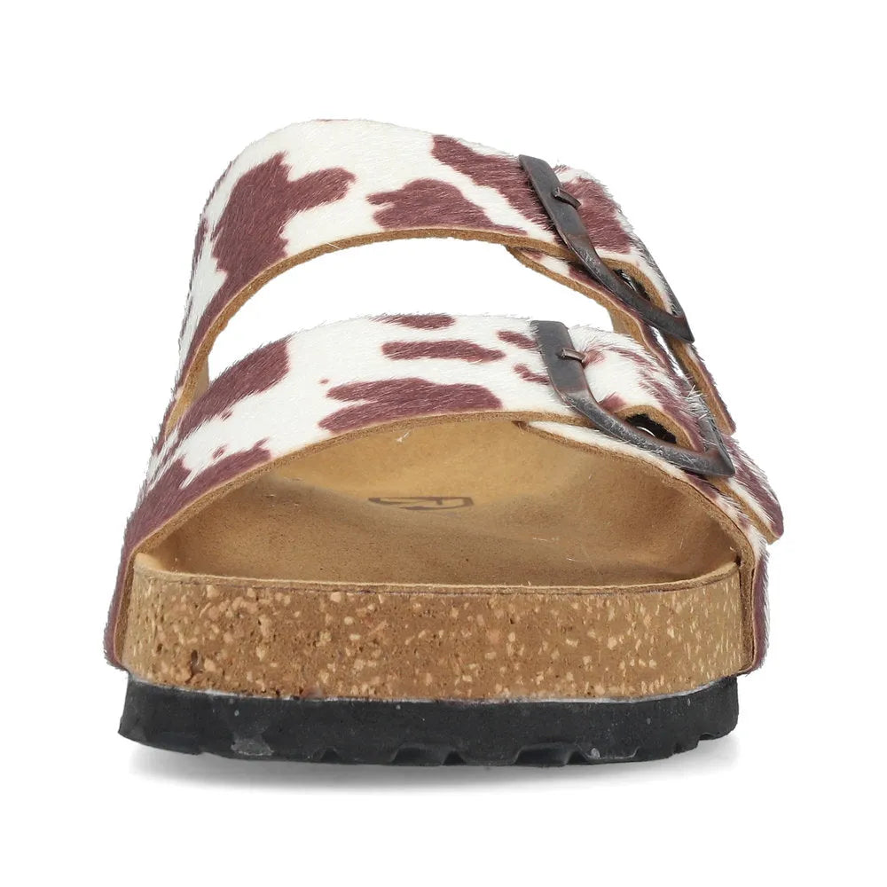 Rieker V6391-90 women's animal print buckle sandals with cork sole and adjustable straps.