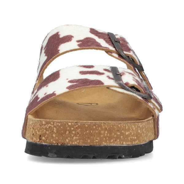 Rieker V6391-90 women's animal print buckle sandals with cork sole and adjustable straps.