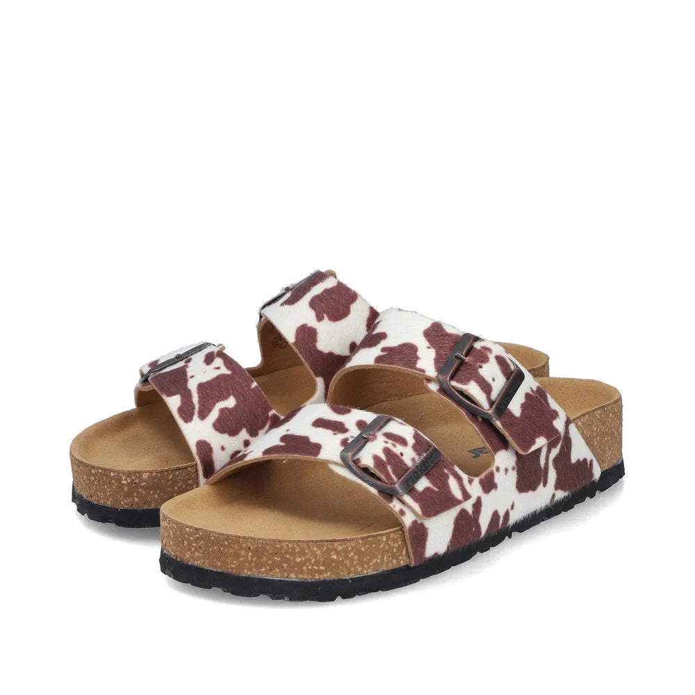 Rieker V6391-90 women's animal print buckle slide sandals with cork footbed and adjustable straps.