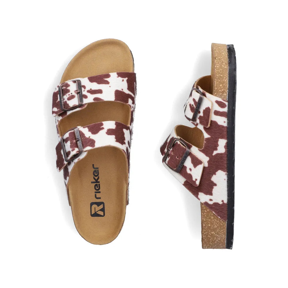 Rieker V6391-90 women's animal print buckle sandals with two straps, cork footbed, and flat sole.