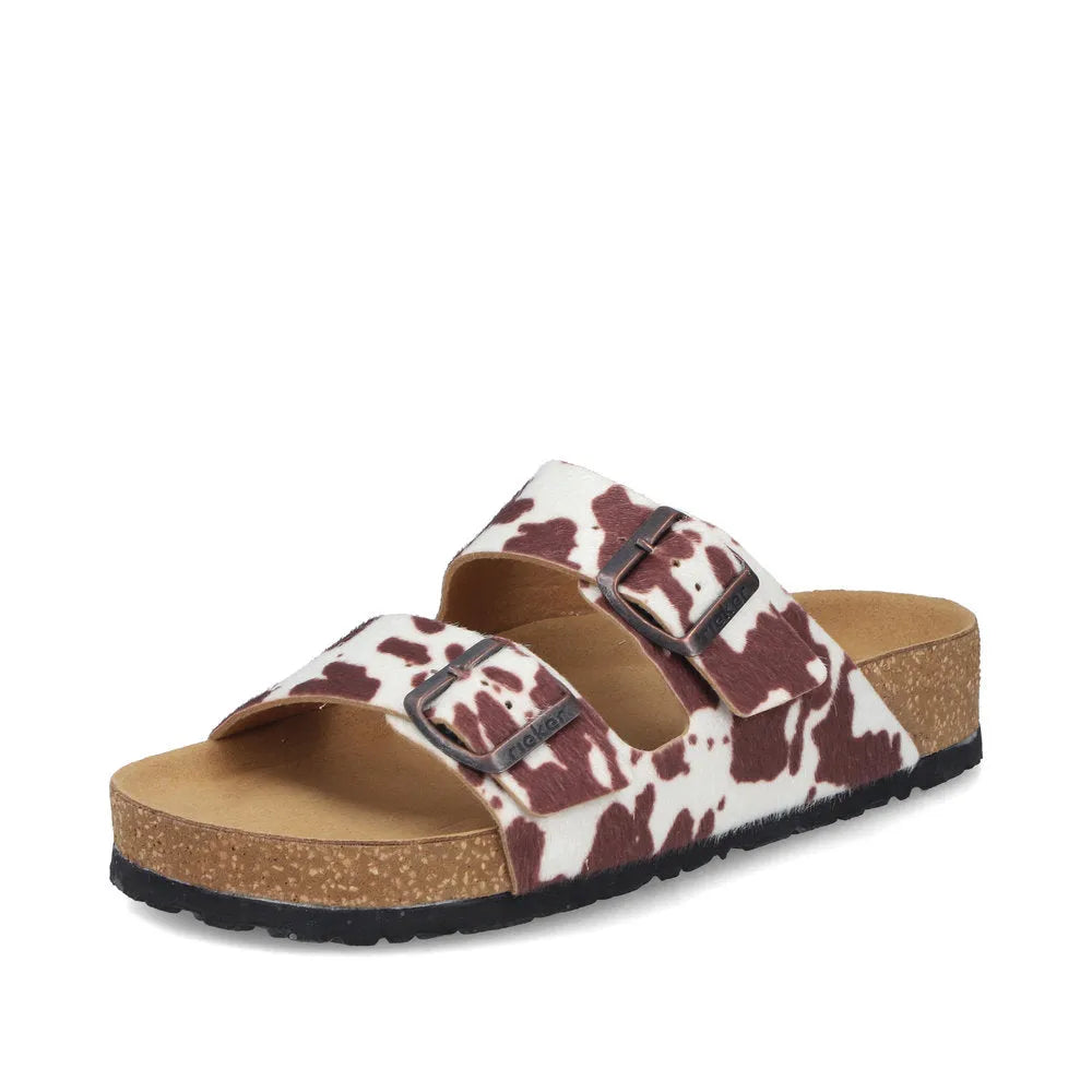 Rieker V6391-90 women's animal print buckle slide sandals with adjustable straps and cork footbed.