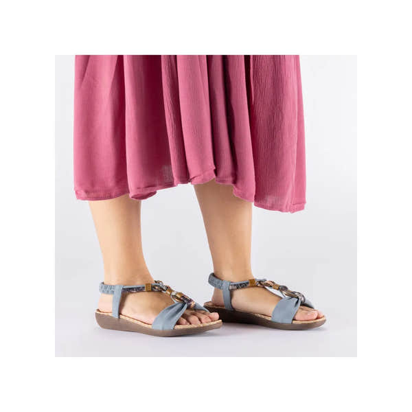 Rieker V7568-14 ladies denim blue elasticated sandals with chain detailing and flat sole.