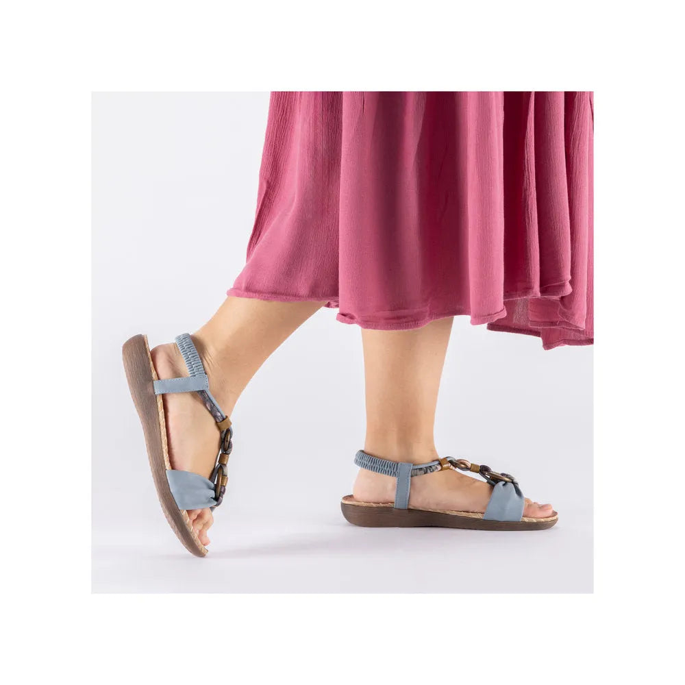 Rieker V7568-14 women's denim blue elasticated sandals with t-bar and buckle, flat sole, stylish and comfortable for casual wear.