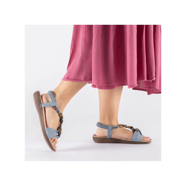 Rieker V7568-14 women's denim blue elasticated sandals with t-bar and buckle, flat sole, stylish and comfortable for casual wear.