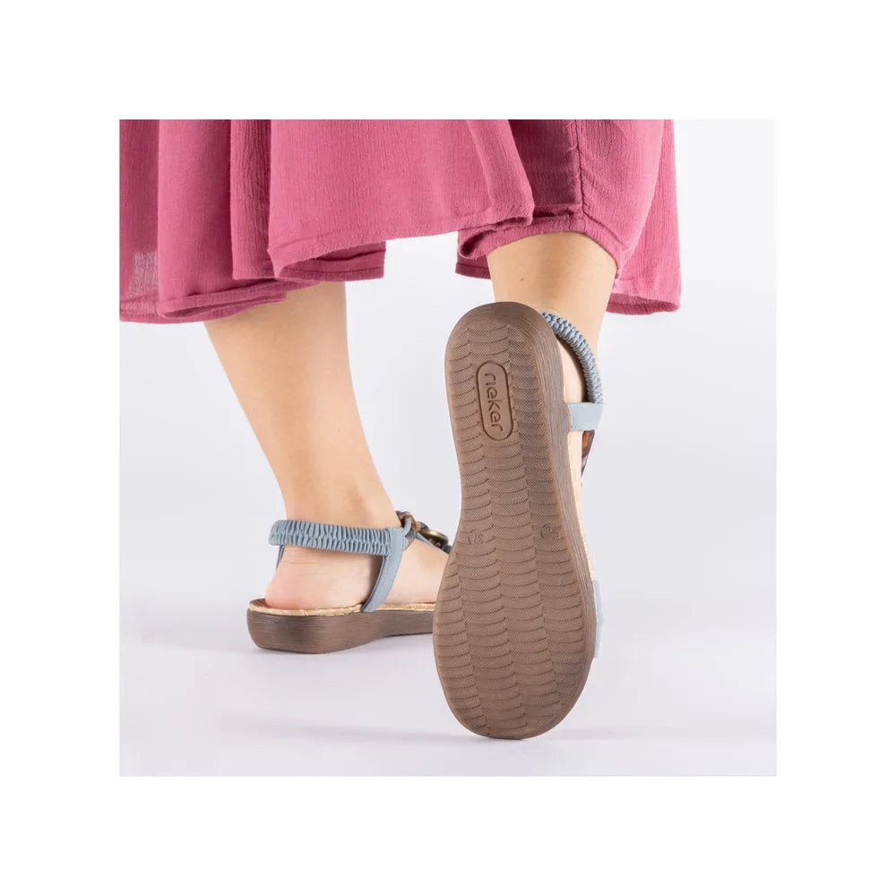 Rieker V7568-14 ladies denim blue elasticated sandals with cushioned sole and adjustable straps.