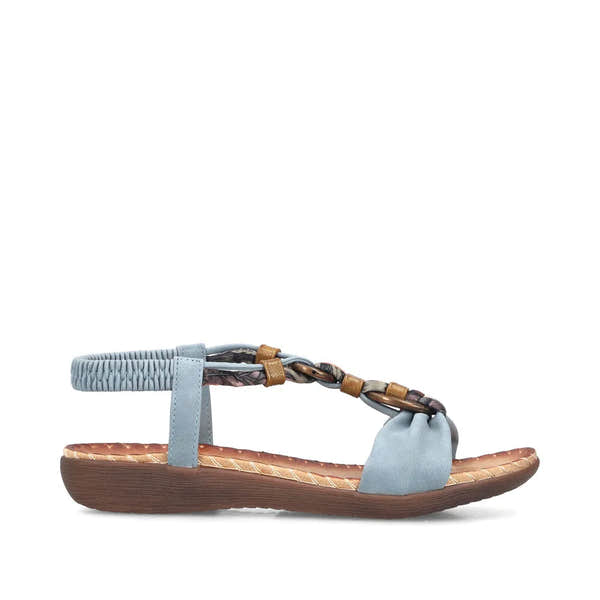 Rieker V7568-14 ladies denim blue elasticated sandals with braided strap, cushioned footbed, flat sole, and open toe design.