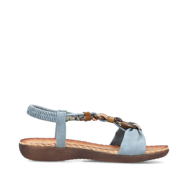 Rieker V7568-14 women's denim blue elasticated sandal with braided strap detail and cushioned sole.