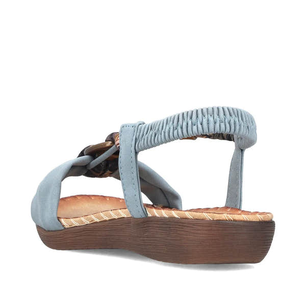Rieker V7568-14 ladies denim blue elasticated sandals with cushioned footbed and rubber sole.