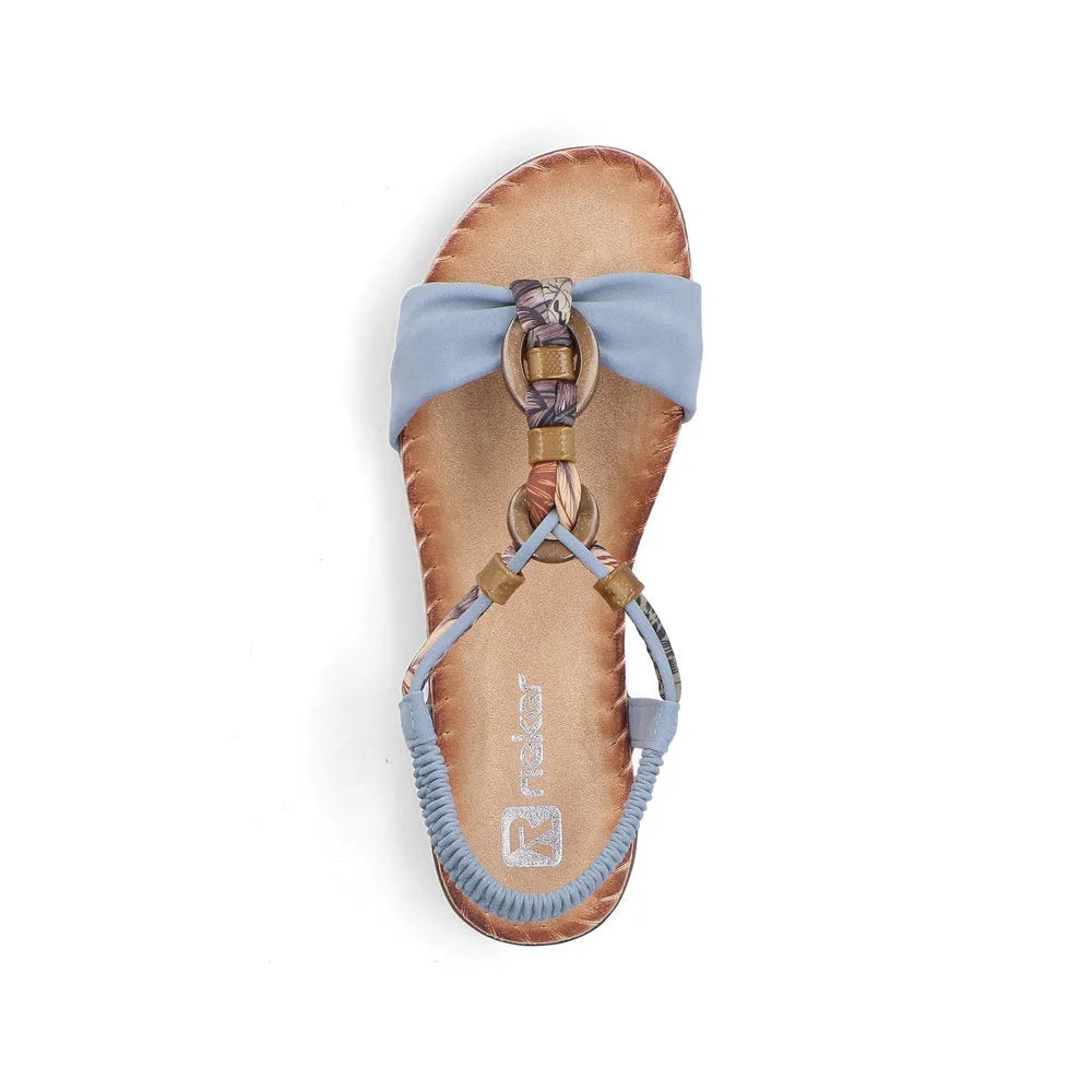 Rieker V7568-14 women's denim blue elasticated sandals with bow detail, cushioned sole, and adjustable straps.