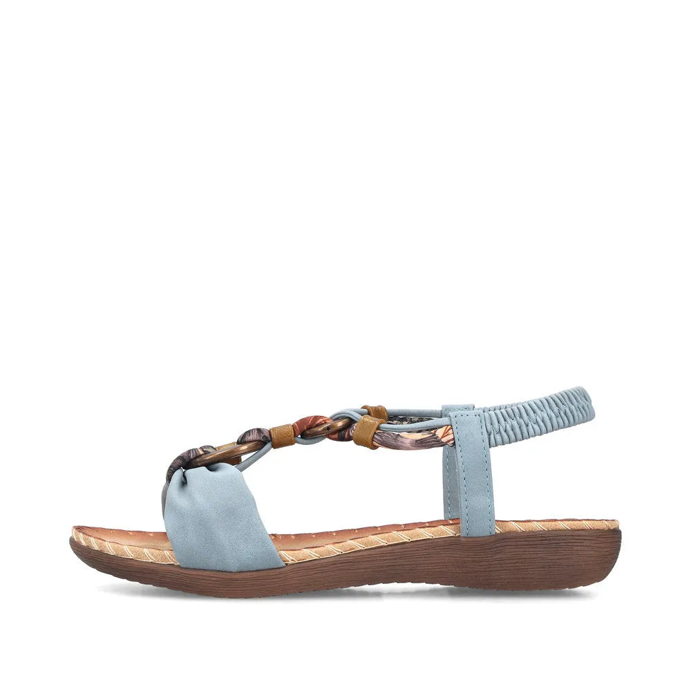Rieker V7568-14 women's denim blue elasticated sandals with braided strap and cushioned sole.